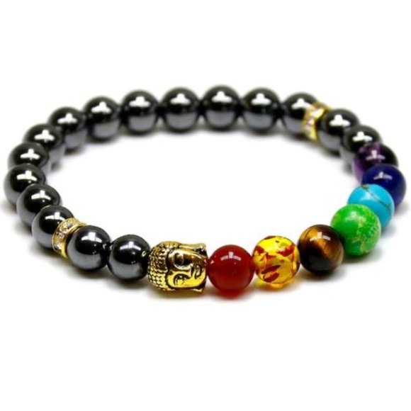 10mm Hematite Buddha Charm Beaded Stretch Bracelet - Picture 1 of 6